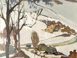 an image of a painting of a snowy landscape with houses in the foreground