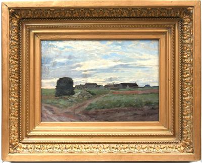an oil painting of a farm scene with a dirt road in the foreground