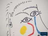 drawing of a woman ' s face with a red nose and a blue nose