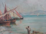 a painting of a man standing on a beach next to a boat