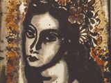 une image d'une peinture représentant une femme avec des fleurs dans les cheveux