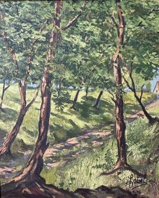 painting of a path in the woods with trees and grass