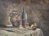 a painting of a bottle of wine and a spoon on a table
