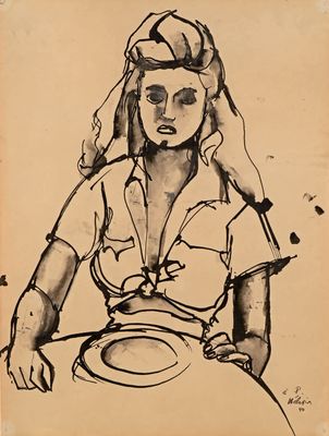 dessin représentant une femme assise à une table, une assiette devant elle