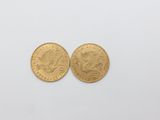 two gold sovereigns, one of which has a head of a lion and the other of which is a