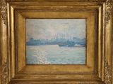 a painting of a boat in a body of water with a city in the background