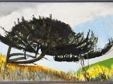 une peinture représentant un arbre dans un champ, avec le ciel en arrière-plan