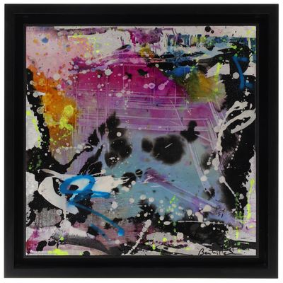 tableau abstrait encadré, avec un cadre noir sur fond blanc