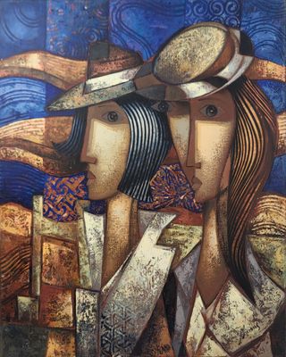 tableau représentant deux femmes coiffées de chapeaux, sur fond bleu