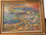 une image d'une peinture d'une ville au bord de l'eau