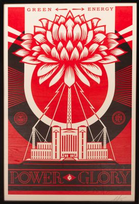 a red and black poster with a large flower on it