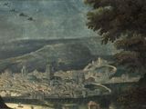painting of a view of a city with a river and a bridge in the foreground
