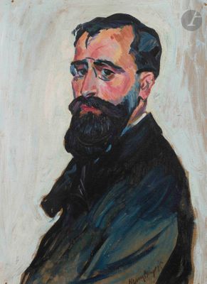une peinture à l'huile représentant un homme barbu vêtu d'une veste noire