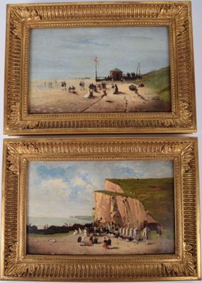 deux tableaux représentant une scène de plage avec des personnes sur le sable et un bateau dans l'eau