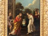 un tableau représentant un tableau où figurent une femme et deux hommes dans un paysage
