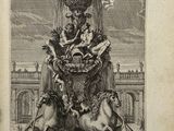 un dessin représentant une statue d'un homme à cheval devant un bâtiment
