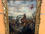 a painting of a painting of a man on a horse in front of a crowd of people