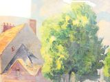 a painting of a house and a tree in the street