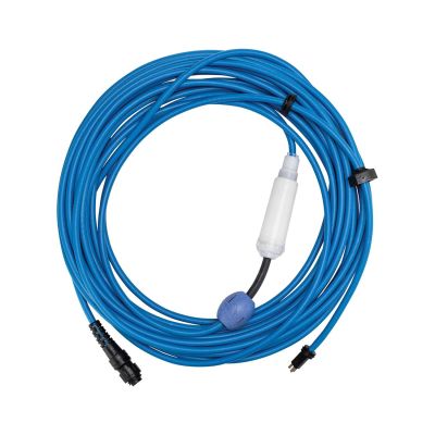 a close up of a blue cable with a white plug