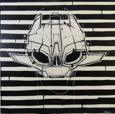 a drawing of an alien head on a black and white striped background