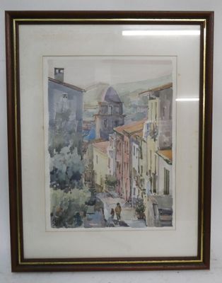 peinture aquarelle encadrée d'une scène de rue avec une église en arrière-plan