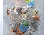 peinture abstraite représentant une bouteille de champagne et des fleurs dans un vase