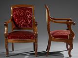 pair of carved mahogany armchairs with red velvet upholstered seats