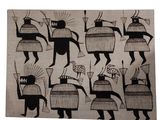a black and white drawing of a group of people holding umbrellas