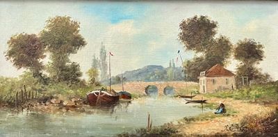 un tableau représentant une scène fluviale avec des bateaux sur l'eau