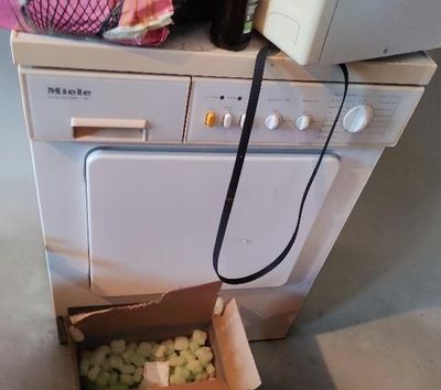 une boîte de pommes devant un micro-ondes