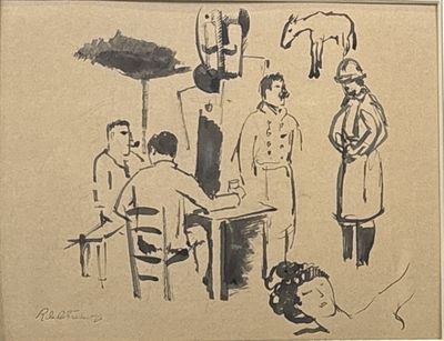dessin d'un groupe de personnes assises autour d'une table dans une pièce