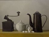 un tableau représentant une théière et une cafetière posées sur une table