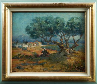 a painting of a landscape with a tree and a house in the distance