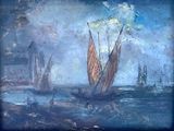 a painting on the wall of a boat in the water