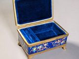 a blue and gold box with a flower design on it
