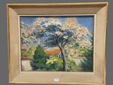 painting of a tree in a garden with a house in the background