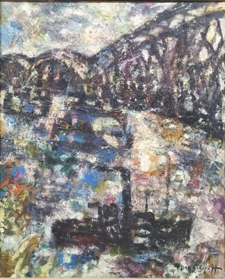 an oil painting of a bridge over a body of water