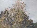 a painting of a horse in a field with trees in the background