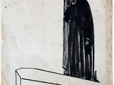 an old drawing of a person in a black robe standing on top of a box