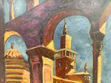 an oil painting of a building with a clock tower in the middle of it