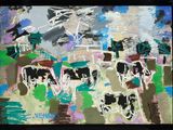 a painting of cows in a field with a sky in the background
