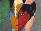 a painting of a woman in a red dress with a white headdress