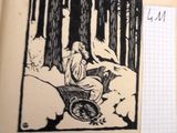un dessin représentant un homme assis sur un banc dans les bois