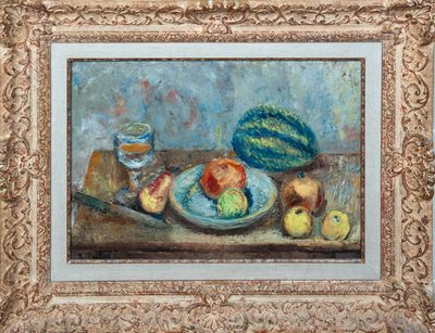 un tableau représentant des pommes et un melon posés sur une table