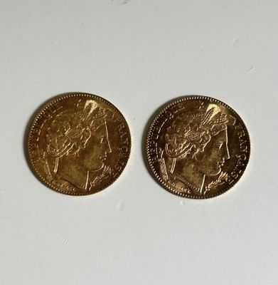 two gold coins sitting side by side on a white surface