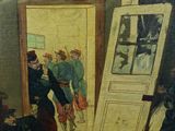 painting of a man standing in front of a painting of a woman in a room