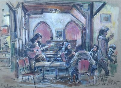 peinture d'un groupe de personnes assises autour d'une table dans une pièce