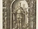 drawing of a statue of a man with a sword and shield