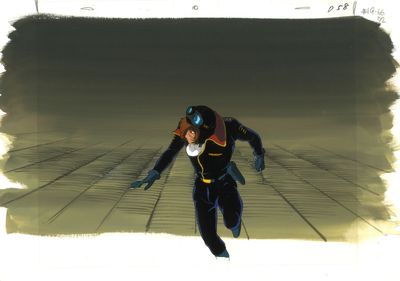 a drawing of a man in a space suit running