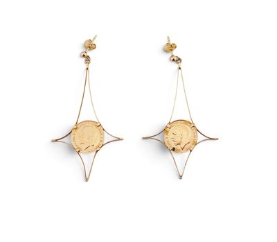 a pair of gold earrings with a star design